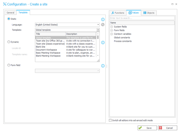 The image shows where to select the template for a new SharePoint site